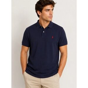 Polo‎ Ralph Lauren Shirt Mens L Large Navy Blue Red Pony Custom Fit Mesh Cotton